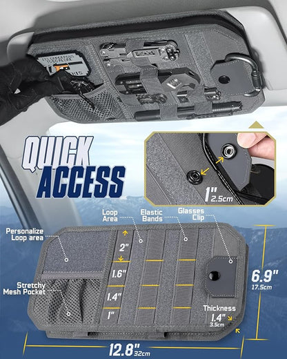 WYNEX Molle Car Sun Visor Organizer, Car Accessories with Zip Storage Pouch & Glasses Holder, Semi-Rigid Molle Panel with Patch for Tactical Gears, Fits Most Cars, Trucks, Pickups, Patrols