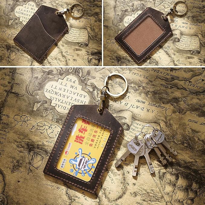 Badge Holder Vertical Handmade Leather ID Card Badge Holder Keychain with Heavy Duty Lanyard for Men Women (Coffee Leather)