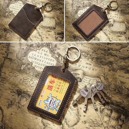 Badge Holder Vertical Handmade Leather ID Card Badge Holder Keychain with Heavy Duty Carabiner Clip for Men Women (Coffee Carabiner Clip)