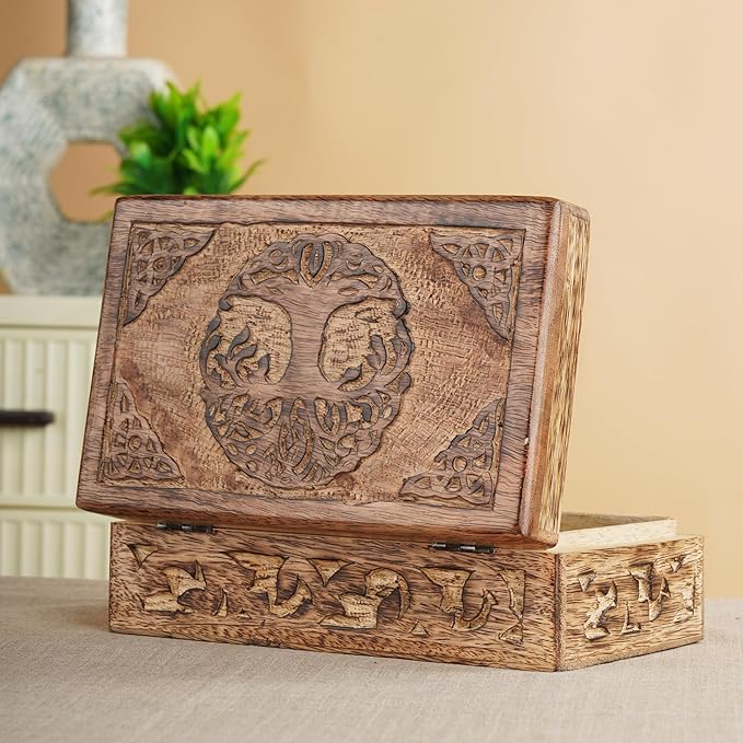 Ajuny Wooden Jewelry Box - Hand Carved Mango Wood Tree of Life Celtic Carving Decorative Multipurpose Keepsake Box, Treasure Chest Memory Box Organizer Travel Trinket Holder Case Gifts - 8x5 Inch