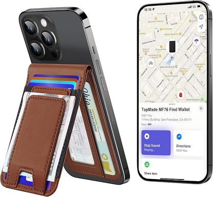TopMade for MagSafe Wallet Stand with Money Clip, Works with Apple Find My, Magnetic Wallet for iPhone 17/16/15/14/13/12 Series, for iPhone Wallet with Finder Tracker, Brown(Black Elastic Band)