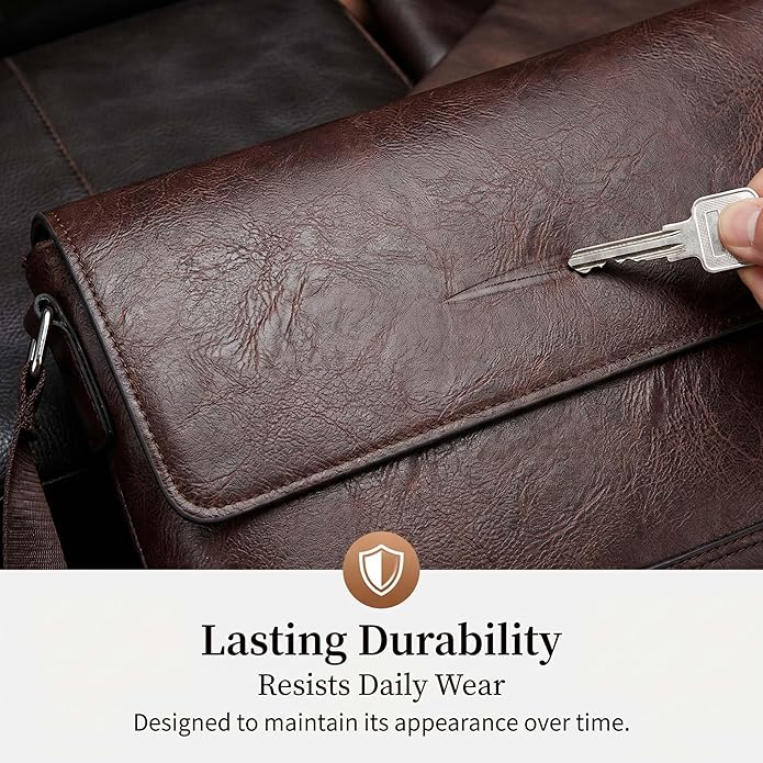 Vintage PU Leather Mens Messenger Bag - Slim Crossbody Shoulder Bag for Work, Travel & Daily Commute Casual Tablet Satchel