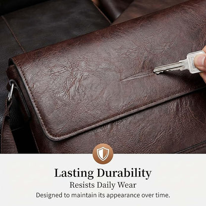 Vintage PU Leather Mens Messenger Bag - Slim Crossbody Shoulder Bag for Work, Travel & Daily Commute Casual Tablet Satchel