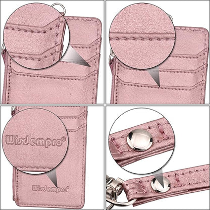 Badge Holder with Zip, Wisdompro Double Sided PU Leather ID Badge Card Holder Wallet Case with 5 Card Slots, 1 Side Zipper Pocket and 20 Inch Leather Neck Lanyard/Strap - Rose Gold (Vertical)