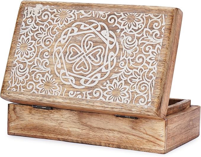 Ajuny Mango Wood Jewelry Box – Hand-Carved Celtic Knot Keepsake/Memory Box, Decorative Trinket & Treasure Chest Organizer, Handmade Gift for Women & Men, Travel Friendly, 8x5 Inch