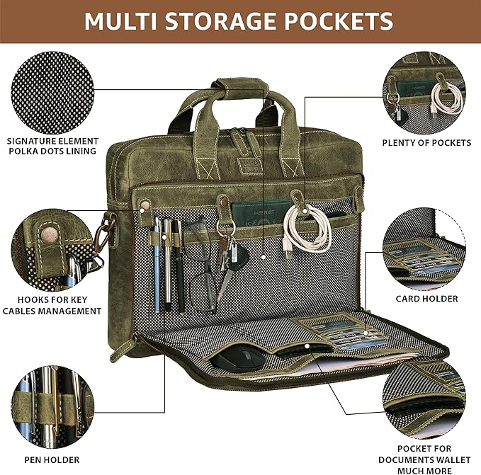 LEATHER VILLAGE 18" Leather Laptop Messenger Briefcase Bag for Men-Leather Satchel for Travel and Office Shoulder Bag- Olive