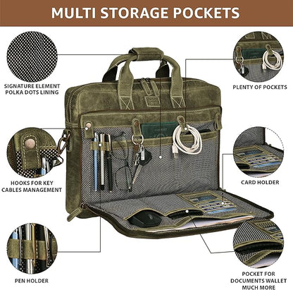 LEATHER VILLAGE 18" Leather Laptop Messenger Briefcase Bag for Men-Leather Satchel for Travel and Office Shoulder Bag- Olive