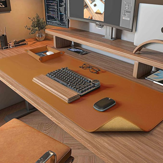 DAWNTREES Dual Sided Desk Mat,Leather Desk Pad,Brown Cork Desk Mat Protector,with PU Leather Valet Tray Organizer,Large Mouse Pad,Desk Writing Pad for Office and Home(31.5"x15.8")