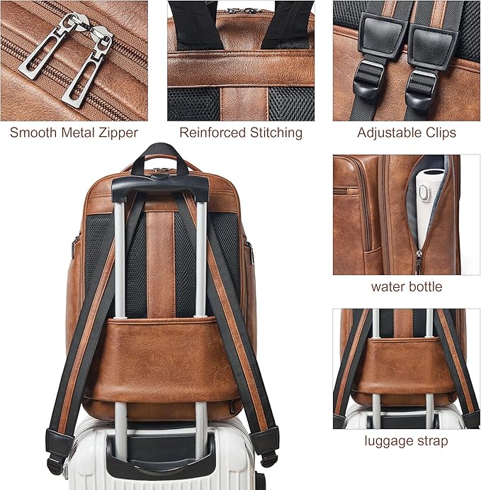 Vegan Leather Backpack, 40L Expandable, TSA Travel Backpack for Men and Women, Fits 17.0 Inch Notebook with Luggage Strap and USB Port, Brown