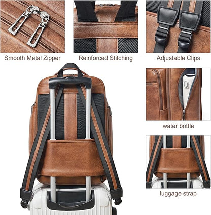 Vegan Leather Backpack, 40L Expandable, TSA Travel Backpack for Men and Women, Fits 17.0 Inch Notebook with Luggage Strap and USB Port, Brown