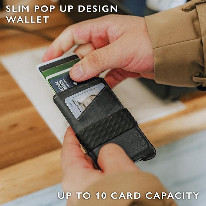 Hacksmith The Smith Wallet – Slim RFID Blocking Wallet for Men – Minimalist Front Pocket Wallet with Money Clip Band – Tactical Leather and Metal Wallets for Credit Cards & Cash (Black)