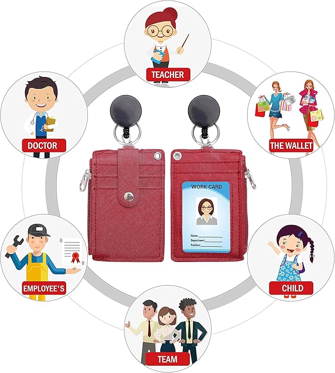 【2025 Latest】 Cute ID Badge Holder Retractable Lanyard Reel Clip with Heavy Duty Carabiner, 5 Card Slots in 2 Sided with Key Ring and Zipper for Women Students Teens Girls Office Staff (Red)