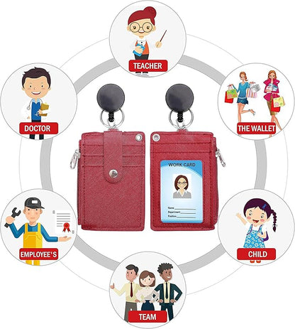 【2025 Latest】 Cute ID Badge Holder Retractable Lanyard Reel Clip with Heavy Duty Carabiner, 5 Card Slots in 2 Sided with Key Ring and Zipper for Women Students Teens Girls Office Staff (Red)