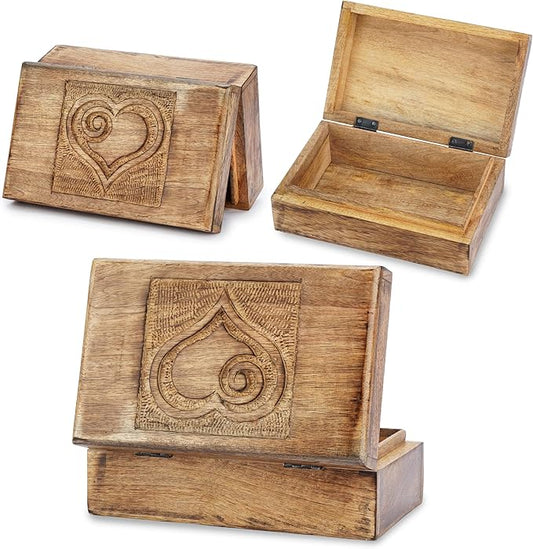 Ajuny Wooden Decorative Jewelry Box with Heart Design Carving - Multipurpose Treasure Chest Storage Keepsake Box Necklaces Watch Organizer Boxes Birthday Gifts for Women & Men 8x5 Inch