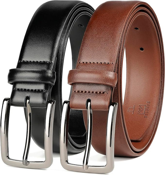 MILORDE Men's Leather Dress Belt 2Pack, Handmade, Genuine Leather, Fashion & Classic Designs for Work Business and Casual