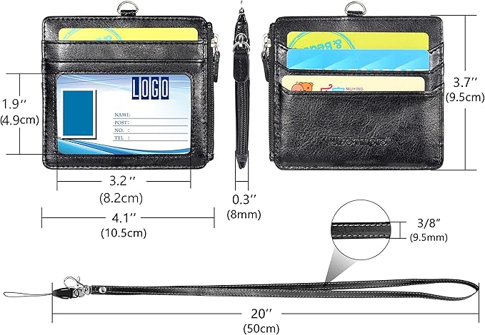 Badge Holder with Zip, Wisdompro 2-Sided PU Leather ID Badge Holder with 1 ID Window, 4 Card Slots, 1 Side Zipper Pocket and 1 piece 20 Inch Leather Neck Lanyard Strap - Black (Horizontal)