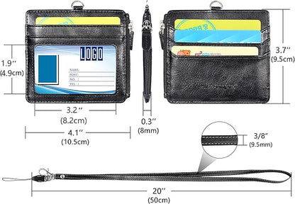 Badge Holder with Zip, Wisdompro 2-Sided PU Leather ID Badge Holder with 1 ID Window, 4 Card Slots, 1 Side Zipper Pocket and 1 piece 20 Inch Leather Neck Lanyard Strap - Black (Horizontal)