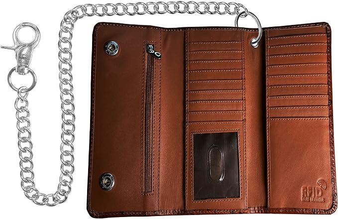 IBRO VINTAGE Motorcycle Chain Wallet for Men – Premium Cowhide Leather, RFID Tri-Fold Biker Wallet with Heavy Duty Chain for Bikers Truckers & Hunters, Credit Card Money Organizer Long Wallet | Long Trifold, RFID Blocking, Men's, Trucker Biker