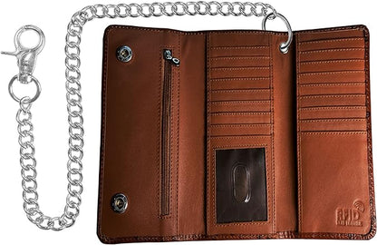 IBRO VINTAGE Motorcycle Chain Wallet for Men – Premium Cowhide Leather, RFID Tri-Fold Biker Wallet with Heavy Duty Chain for Bikers Truckers & Hunters, Credit Card Money Organizer Long Wallet | Long Trifold, RFID Blocking, Men's, Trucker Biker