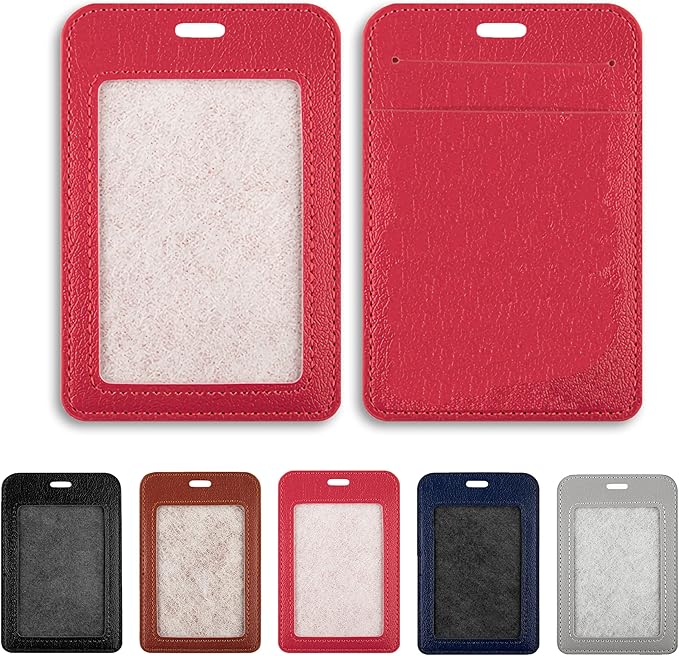 1 Pcs Leather ID Badge Holder, Vertical ID Badge Holder, Red ID Card Holder, Multiple Card Slots Leather ID Holder for Offices, Staff, Students, Employees