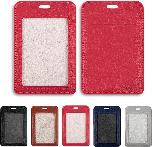 1 Pcs Leather ID Badge Holder, Vertical ID Badge Holder, Red ID Card Holder, Multiple Card Slots Leather ID Holder for Offices, Staff, Students, Employees