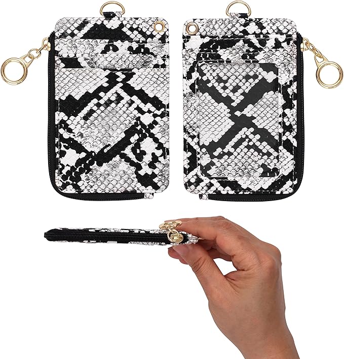MONDO DESIGNS 2-in-1 ID Badge Holder & Lanyard Wallet - Multi-Use Womens Small Wallet with Removable Wristlet & Neck Lanyard, Clear Window, 5 Card Slots, Phone Holder, Ring Keychain - White Snake
