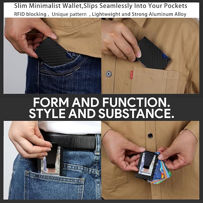 Minimalist Carbon Fiber Wallet for Men, Money Clip Cash Strap Wallet, RFID Blocking Metal Wallet Aluminum Card Holder,Front Pocket Wallet(Carbon Fiber)