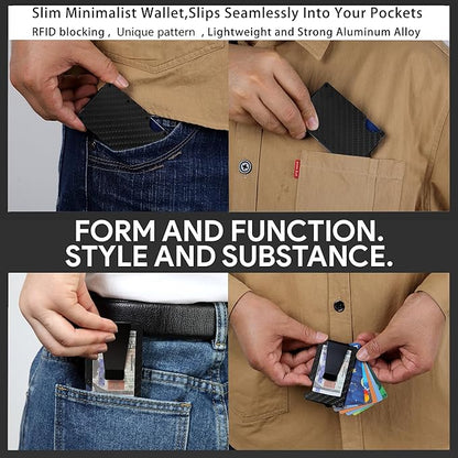 Minimalist Carbon Fiber Wallet for Men, Money Clip Cash Strap Wallet, RFID Blocking Metal Wallet Aluminum Card Holder,Front Pocket Wallet(Carbon Fiber)