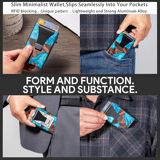 Slim Aluminum Wallet for Men, RFID Blocking Minimalist Matel Pop Up Card Holder Wallet, Holds 8+ Cards,Durable Removable Money Clip & Money Pocket(Resin Light Blue Wood)