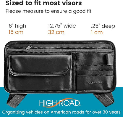 High Road Sun Visor Organizer with Sunglass Holder for Car - Faux Leather Glasses Holder for Car or Truck with Card Pockets and Zippered Compartment for Documents and Receipts