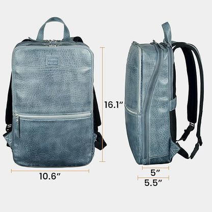 LEATHER VILLAGE Leather Laptop Backpack for Men | Teal Blue | Slim Professional Business Bag Fits 15.6”-Laptop | Water-Repellent Work & Travel Daypack with Trolley Strap