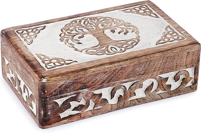 Ajuny Tree of Life Wooden Jewelry Box for Women & Men – Hand Carved Wooden Keepsake Box, Decorative Trinket Box Wood Treasure Chest Vintage Memory Storage Box Gift - 8X5 Inch