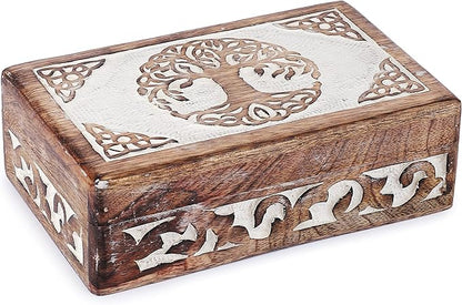 Ajuny Tree of Life Wooden Jewelry Box for Women & Men – Hand Carved Wooden Keepsake Box, Decorative Trinket Box Wood Treasure Chest Vintage Memory Storage Box Gift - 8X5 Inch