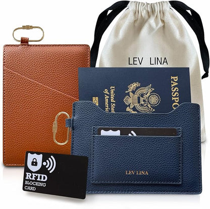 Passport Holder for Travel RFID Blocking Slim Leather Passport Wallet & Passport Book Cover Case with Gold Tone Screw Carabiner and Gift Pouch, Airport Essentials (Brown)