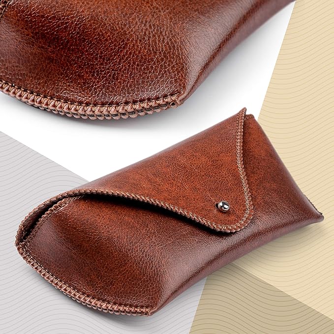 PU Leather Sunglass Case, Soft Premium Sunglasses Case Pouch Brown, Medium Big Glasses Holder For Men and Women