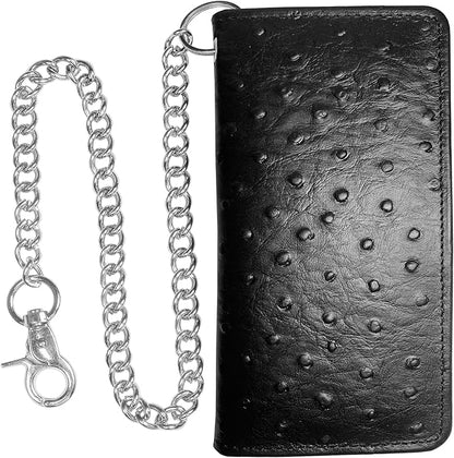 CLASSIC Motorcycle Chain Wallet for Men – Premium Cowhide Leather, RFID Bi-Fold Biker Wallet with Heavy Duty Chain for Bikers Truckers & Hunters, Credit Card Money Organizer Long Wallet Ostrich Black