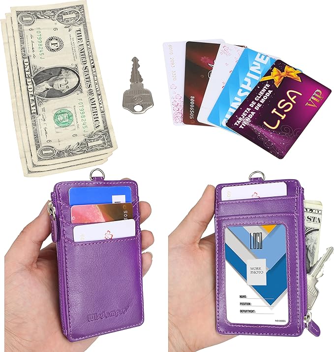 Badge Holder with Zip, Wisdompro School Supply 2-Sided Vertical PU Leather College ID Badge Holder with 1 ID Window, 4 Card Slots, 1 Side Zipper Pocket and 20 Inch Leather Neck Lanyard Strap - Purple