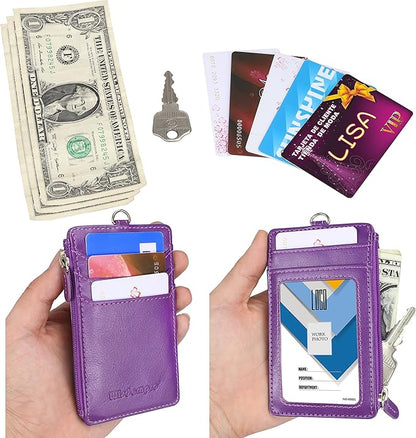 Badge Holder with Zip, Wisdompro School Supply 2-Sided Vertical PU Leather College ID Badge Holder with 1 ID Window, 4 Card Slots, 1 Side Zipper Pocket and 20 Inch Leather Neck Lanyard Strap - Purple