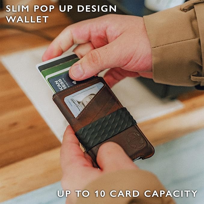 Hacksmith The Smith Wallet – Slim RFID Blocking Wallet for Men – Minimalist Front Pocket Wallet with Money Clip Band – Tactical Leather and Metal Wallets for Credit Cards & Cash (Cognac)