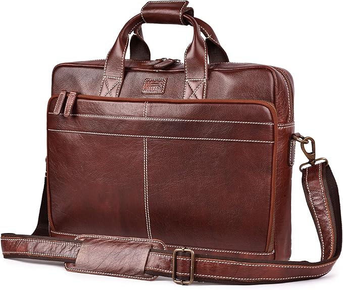 LEATHER VILLAGE 16" Leather Laptop Messenger Briefcase Bag for Men-Leather Satchel for Travel and Office Shoulder Bag-Red Brown