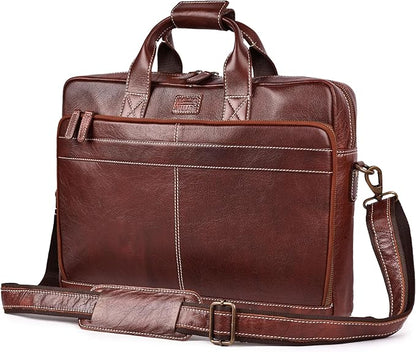 LEATHER VILLAGE 16" Leather Laptop Messenger Briefcase Bag for Men-Leather Satchel for Travel and Office Shoulder Bag-Red Brown