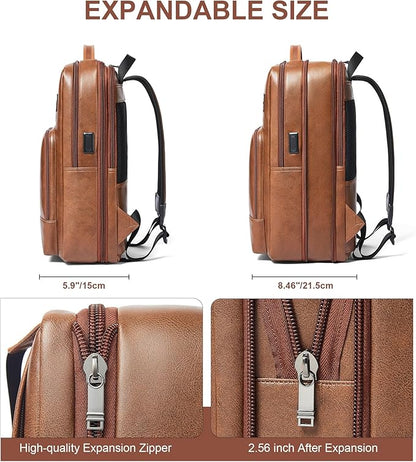 Shrrie Leather Laptop Backpack for Women and Men,28 L Travel Backpack Computer Bag Fits 16 inch Laptop,Expandable Casual Daypack with USB Port for Work Business Weekender College,Brown