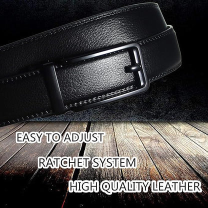 JINIU Men's Ratchet Belt Buckle, Black Genuine Leather Slide Belt for Men Dress Suit, Micro Adjustable Trim to Fit Boxed