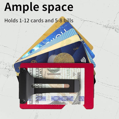 Minimalist Carbon Fiber Wallet for Men, Money Clip Cash Strap Wallet, RFID Blocking Metal Wallet Aluminum Card Holder,Front Pocket Wallet(Matte Red)