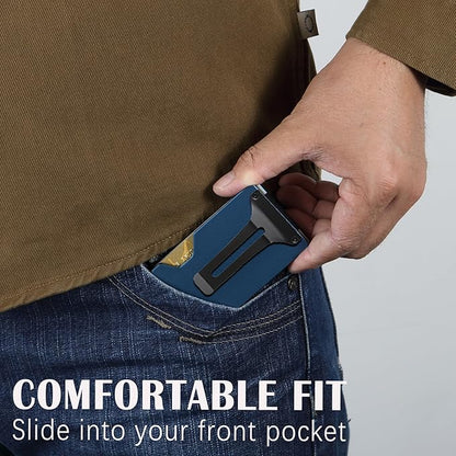 Minimalist Slim Wallet for Men,RFID Blocking Metal Wallet,Aluminum Credit Card Holder & Money Clip 12-15 Cards,Slim Rfid Front Pocket Mens Wallet, Matte Dark Blue
