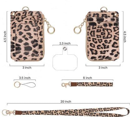 MONDO DESIGNS 2-in-1 ID Badge Holder & Lanyard Wallet - Multi-Use Womens Small Wallet with Removable Wristlet & Neck Lanyard, Clear Window, 5 Card Slots, Phone Holder, Ring Keychain - Leopard