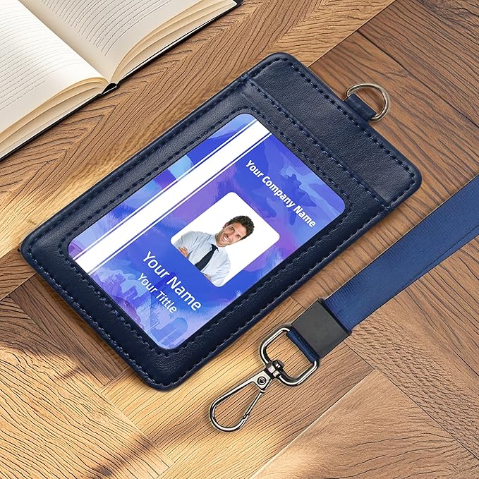 Leather Badge Holder with Adjustable Lanyards,Swivel Metal Clasp for Offices, Staff, Students, Employees (Blue)