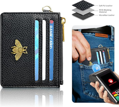 SEAVILIA Card Holder Keychain Wallet for Women with ID Window RFID Blocking Coin Purse Bee Gifts Slim Minimalist Small PU Leather