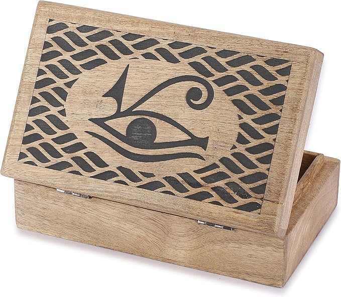 Ajuny Handcarved Wooden Decorative Jewelry Storage Box Eye of Truth Design Vintage Multipurpose Treasure Chest Keepsake Necklaces Watch Boxes Great for Gifts 8x5 Inch