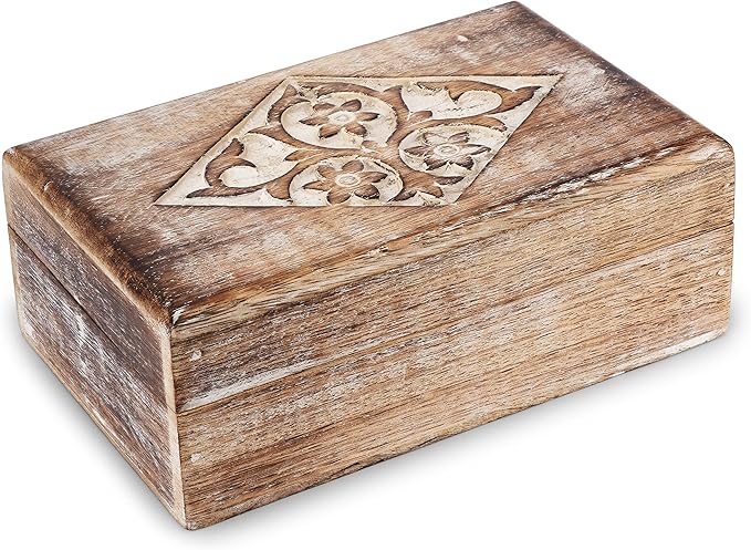 Ajuny Wooden Jewelry Box floral and Diamond Carvings Handmade Decorative Brown and White Storage Box Multipurpose Organizer Trinket Holder Case Unique Gifts for Men & Women